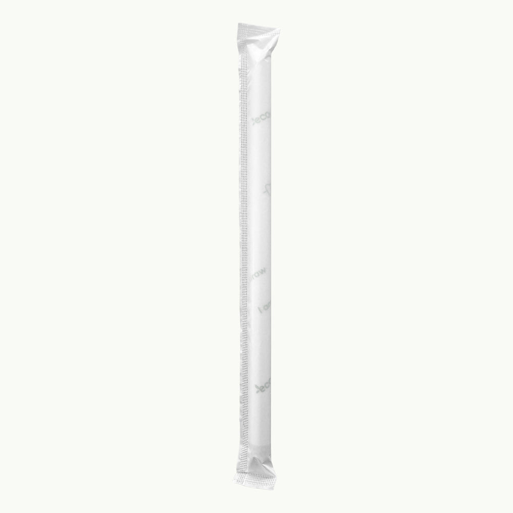 Large paper straw with sanitary individual paper wrap for meal delivery services.