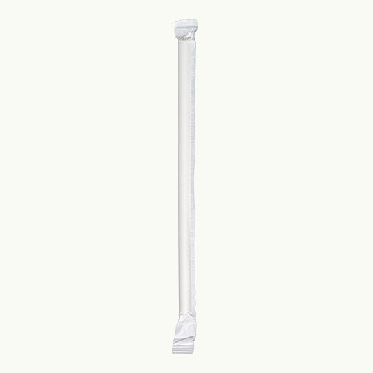 Large paper straw with sanitary individual paper wrap for meal delivery services.