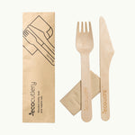 Ecoware biodegradable cutlery set. The wood cutlery range includes knives, forks, spoons and a wood cutlery set.